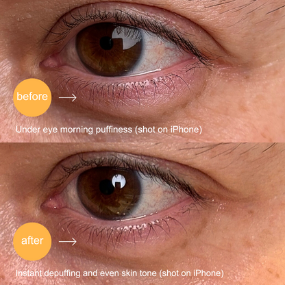 clean circle depuffing eye masks showinf before and after image with the after image showing instant depuffing and even skin tone 